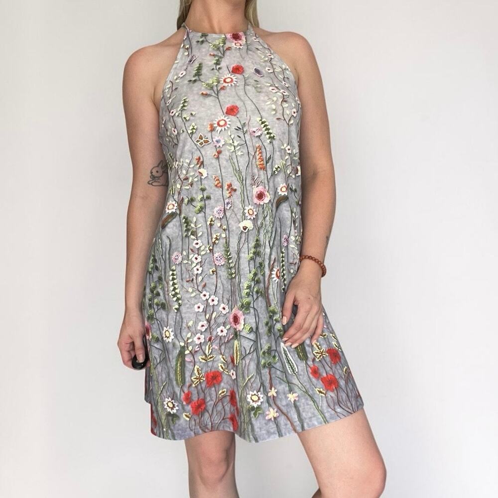 Grey & Red Floral Print Mini Dress